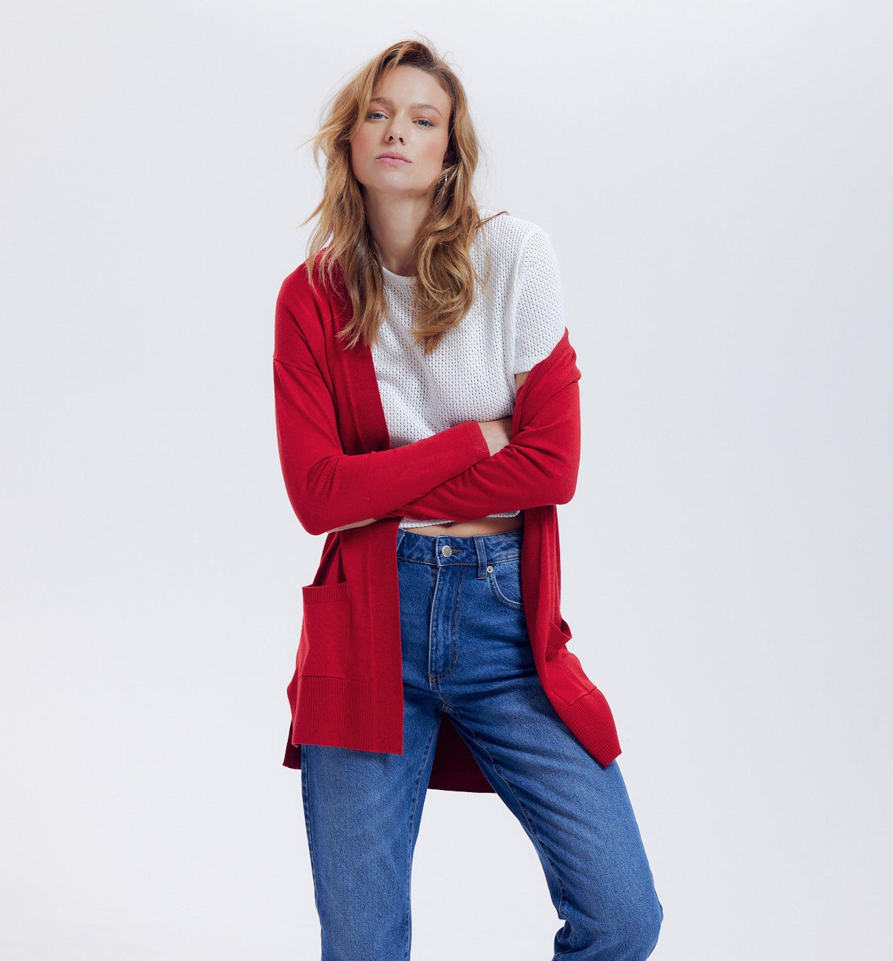 Long gilet en maille fine - Rouge