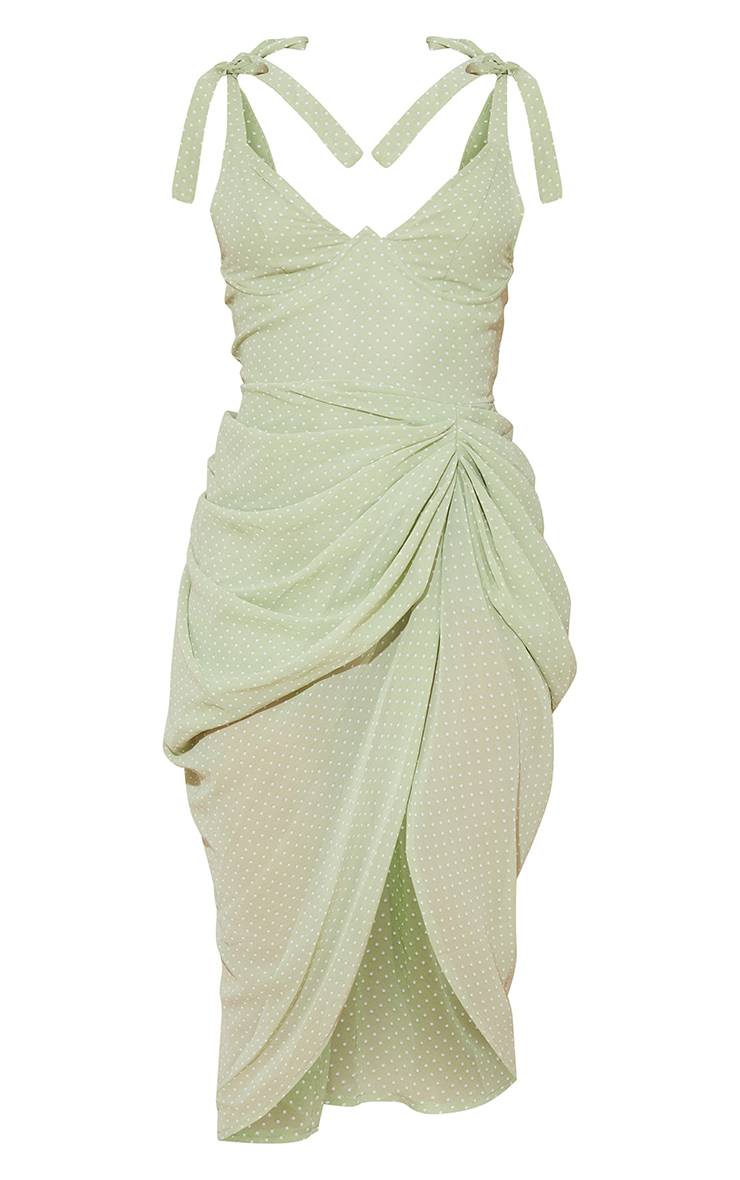 Vert Sauge Robe Mi-longue À Pois Avec Détail Armature Et Drapé