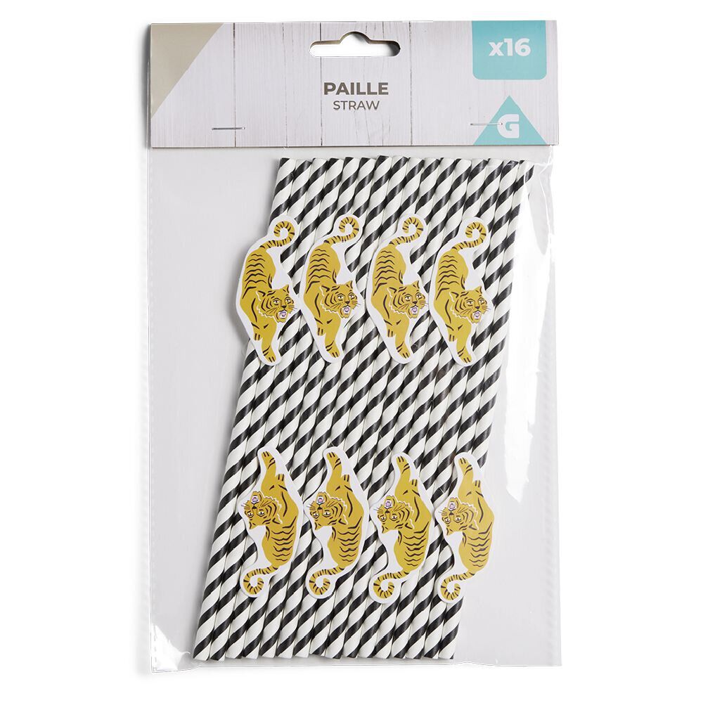 Lot de 16 pailles décorées papier L25cm