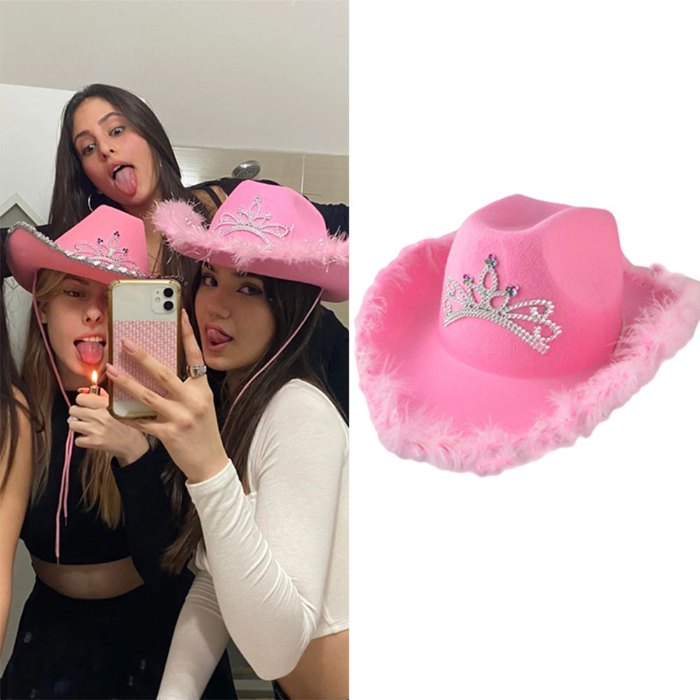 (40x25x13cm) Cowgirl Hut Fasnachts Kostüm Zubehör Feder Hut Motto Party Accessoire Foto Requisite - Pink