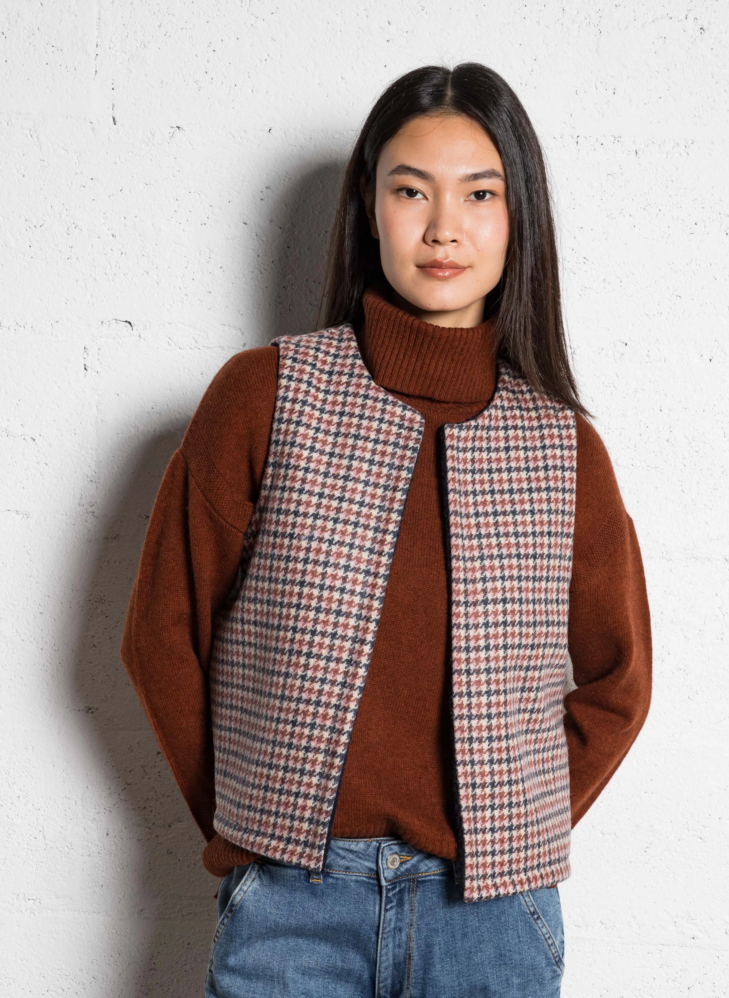 SOLINE - Veste col rond motif pied de poule | Rose