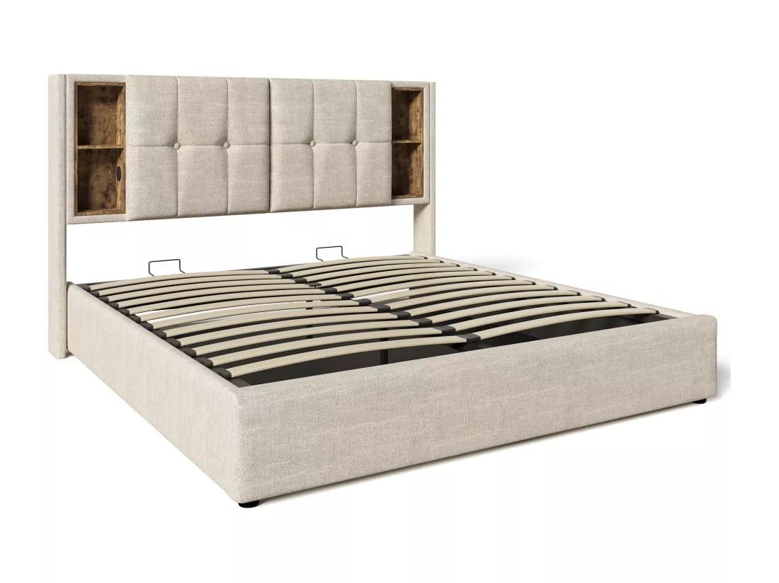 Lit adulte, cadre de lit double rembourré 180x200 cm, avec espace de rangement et recharge sans fil USB C, cadre de lit en bois et lin naturel