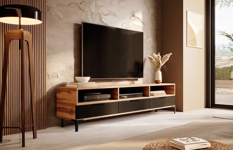 Selsey - RIKKE - TV-meubel - Wotan eiken / Zwart glans - 160 cm - Met Verlichting