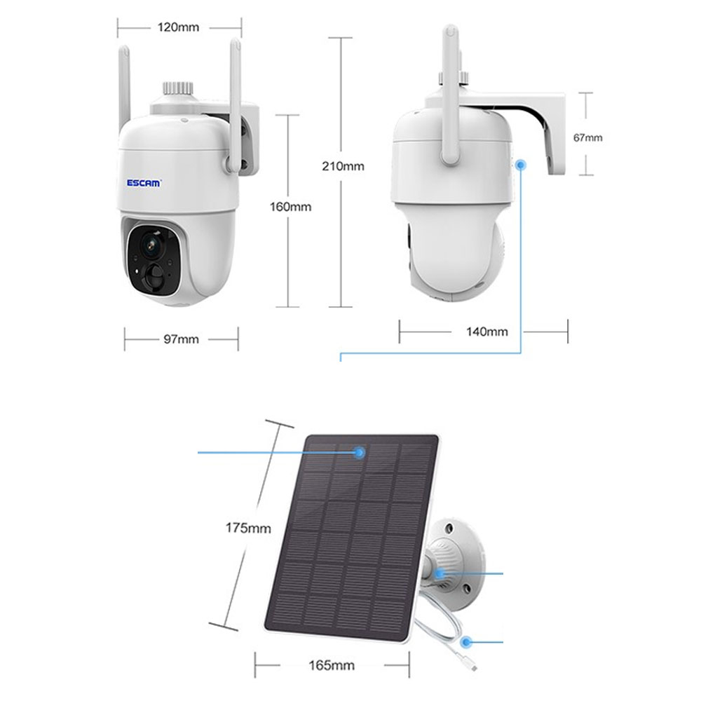 WiFi Solar IP Kamera 3MP 1296p mit 2-Wege-Audio / Infrarot LED's Nachtsichtfunktion / Micro SD / Wandhalterung iOS/Android (IP66) - Weiss
