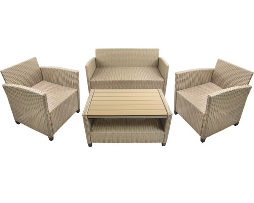 Tuinmeubelset, loungeset, 4-zits, bestaande uit: bank, 2 fauteuils, tafel, inclusief kussens, polyrotan, staal, beige