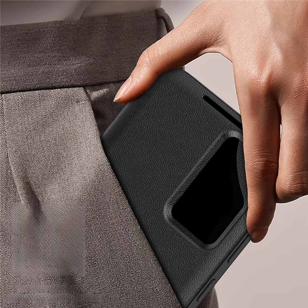 Samsung Galaxy S22 5G Leder Hülle Small Window View Flip Case Litchi Look - Schwarz