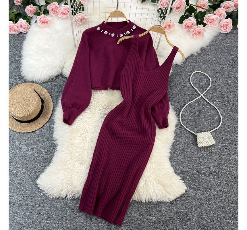 Flamivitoze - Set: ronde hals, cropped trui met imitatieparels en accenten + mouwloze V-hals, effen midi-bodycon gebreide jurk