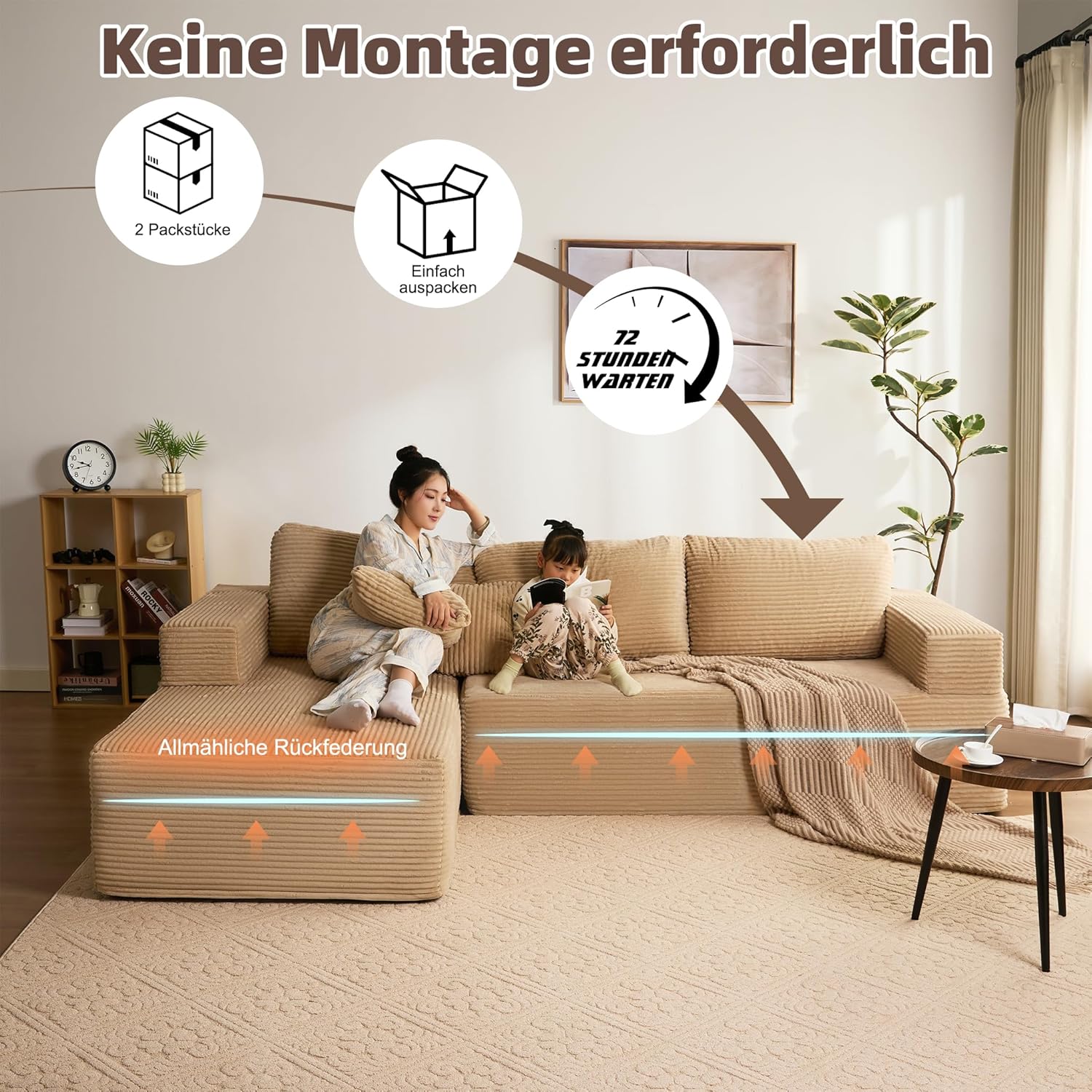 Modulares L-förmiges Ecksofa mit Schlaffunktion – rahmenloses Schlafsofa mit Chaiselongue Links, extra tiefer Sitzfläche, montagefrei, für Wohnzimmer,Hellbraun