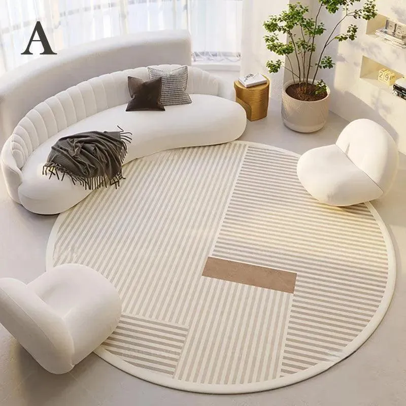 Modern Style Round Decorative Rug | Neutral Tone Large Plush Carpet | Minimal Simple Lounge Floor Mat