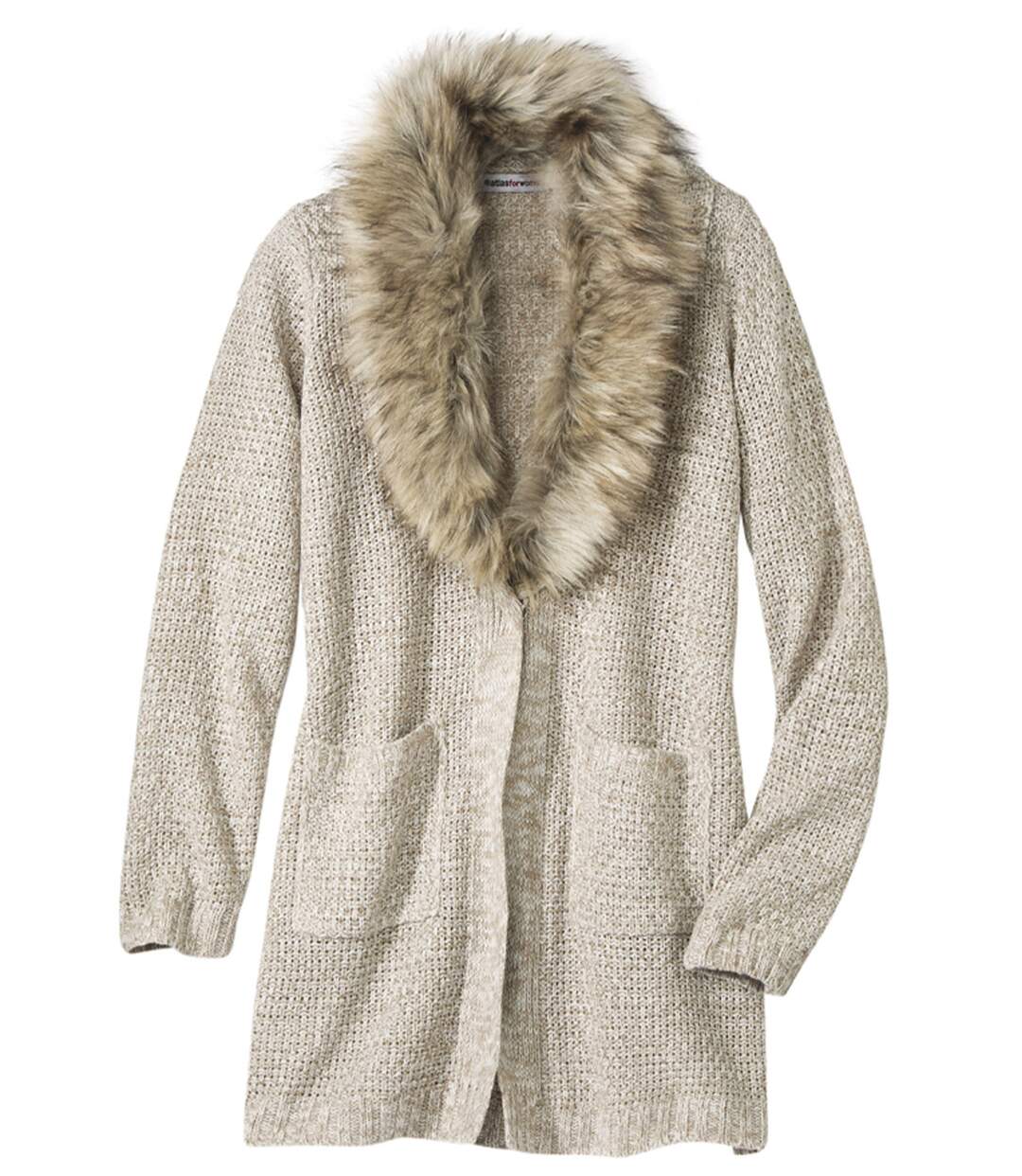 Manteau Tricot à Col en Fausse Fourrure Amovible