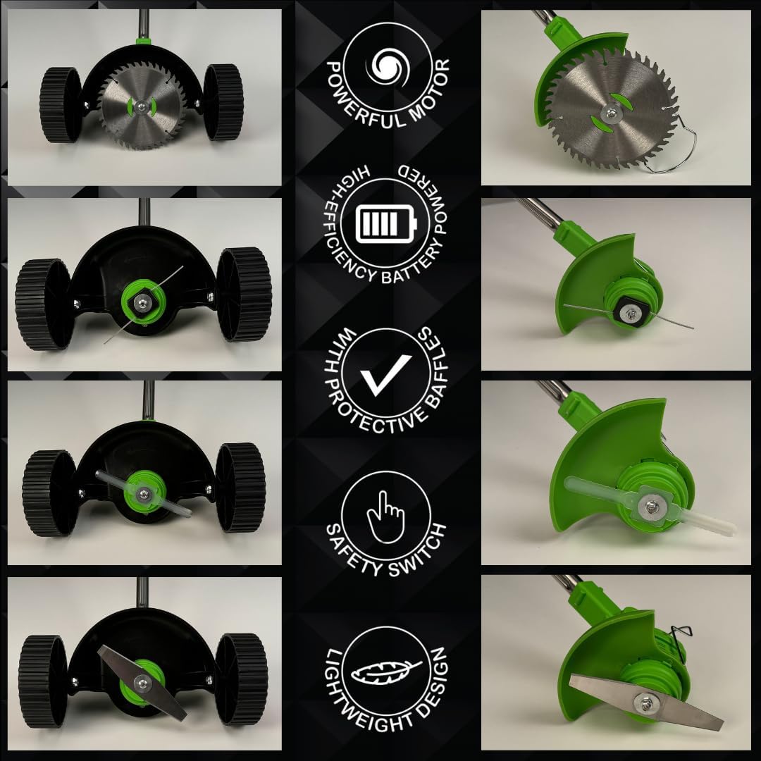 ROTORAZER 8 IN 1 Elektrische Motorsense, 2 Batterien 21V, Kantenschneider, Heckenschere, Rasenmäher, Verschiedenes Zubehör, 90° schwenkbarer Kopf (Mower+2Bat+3Blades)
