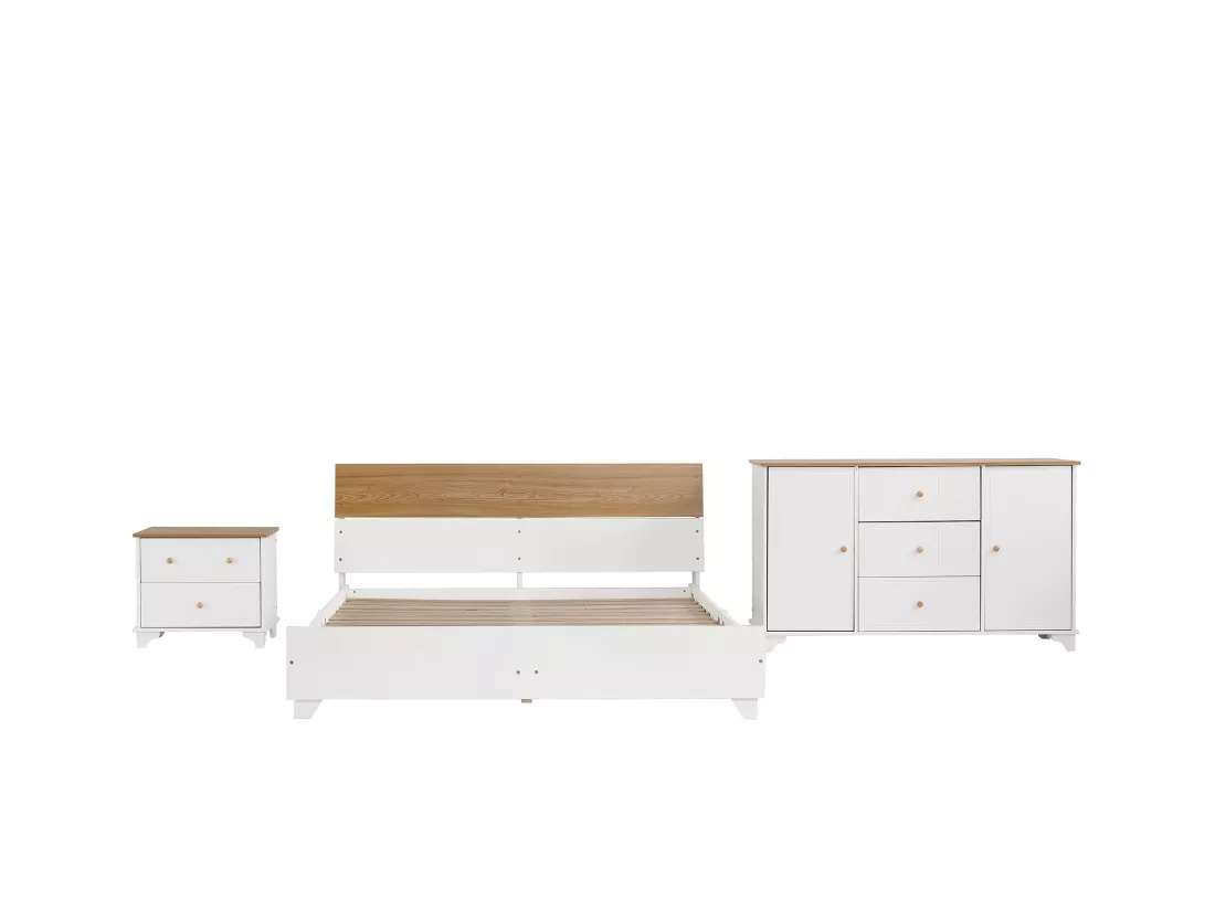 Ensemble lit adulte 160x200 cm en bois + Commode + Table de chevet - Blanc & Naturel