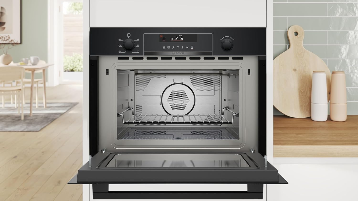 Bosch CMA585GB1 Serie 6 Einbau-Mikrowelle mit Heißluft und Grill, 60 x 45cm, 44l, 900W, AutoPilot 15, Versenkknebel, LED-Touchdisplay, Reinigungsunterstützung, Schwarz