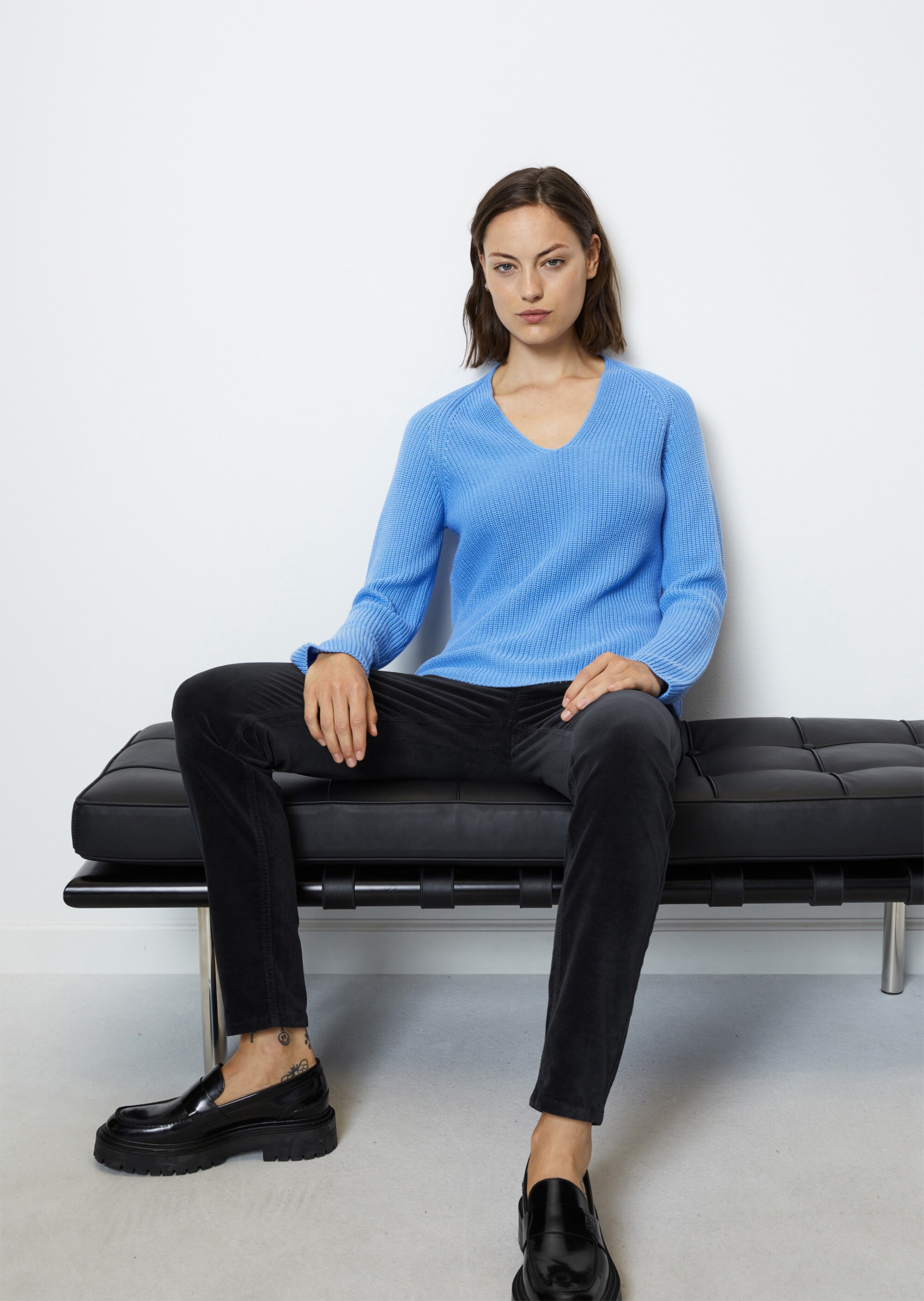V-Neck-Strickpullover relaxedaus schwerem Baumwoll-Garn