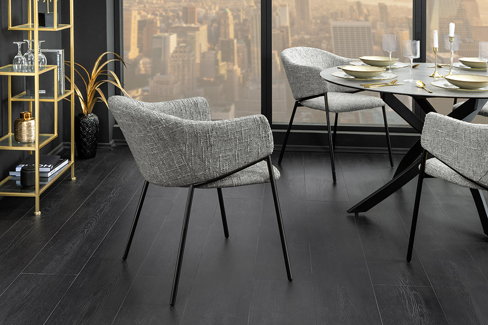 Design Stuhl NOBLESSE grau Chenille schwarzes Metallgestell