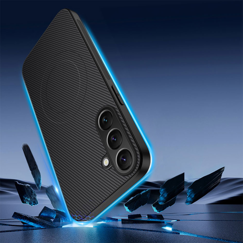 Samsung Galaxy S25 FE Hybrid Gummi Schutzhülle Carbon Look MagSafe-Modul - Schwarz / Grau