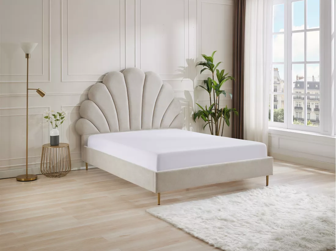 Lit coquillage 140 x 190 cm - Tissu - Beige - LIVAYA