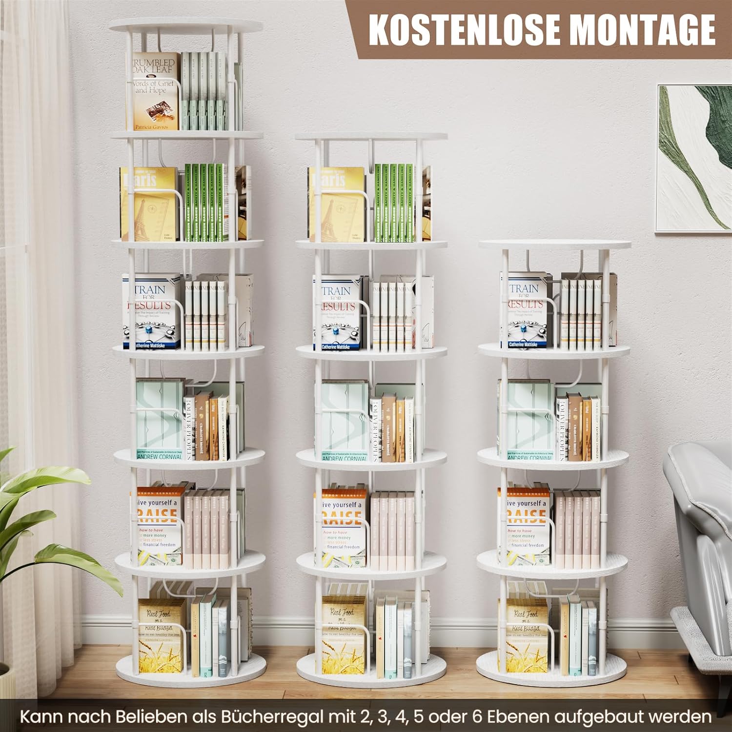 Generisch 360° Drehbares Bücherregal, Bodenstehendes Bücherschrank Aus Holz, Bookshelf Mit 6 Ebenen, Verstellbare Ebenen, Standregal, 45×45×193cm, Weiß OH0228932