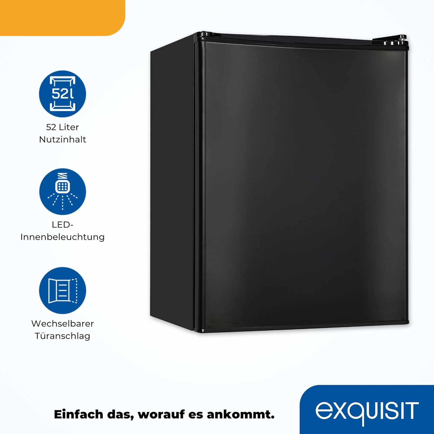 Exquisit Mini Kühlschrank KB60-V-090E schwarz | 52 l Nutzinhalt | LED-Innenbeleuchtung | Glasablagen | 45cm Breite