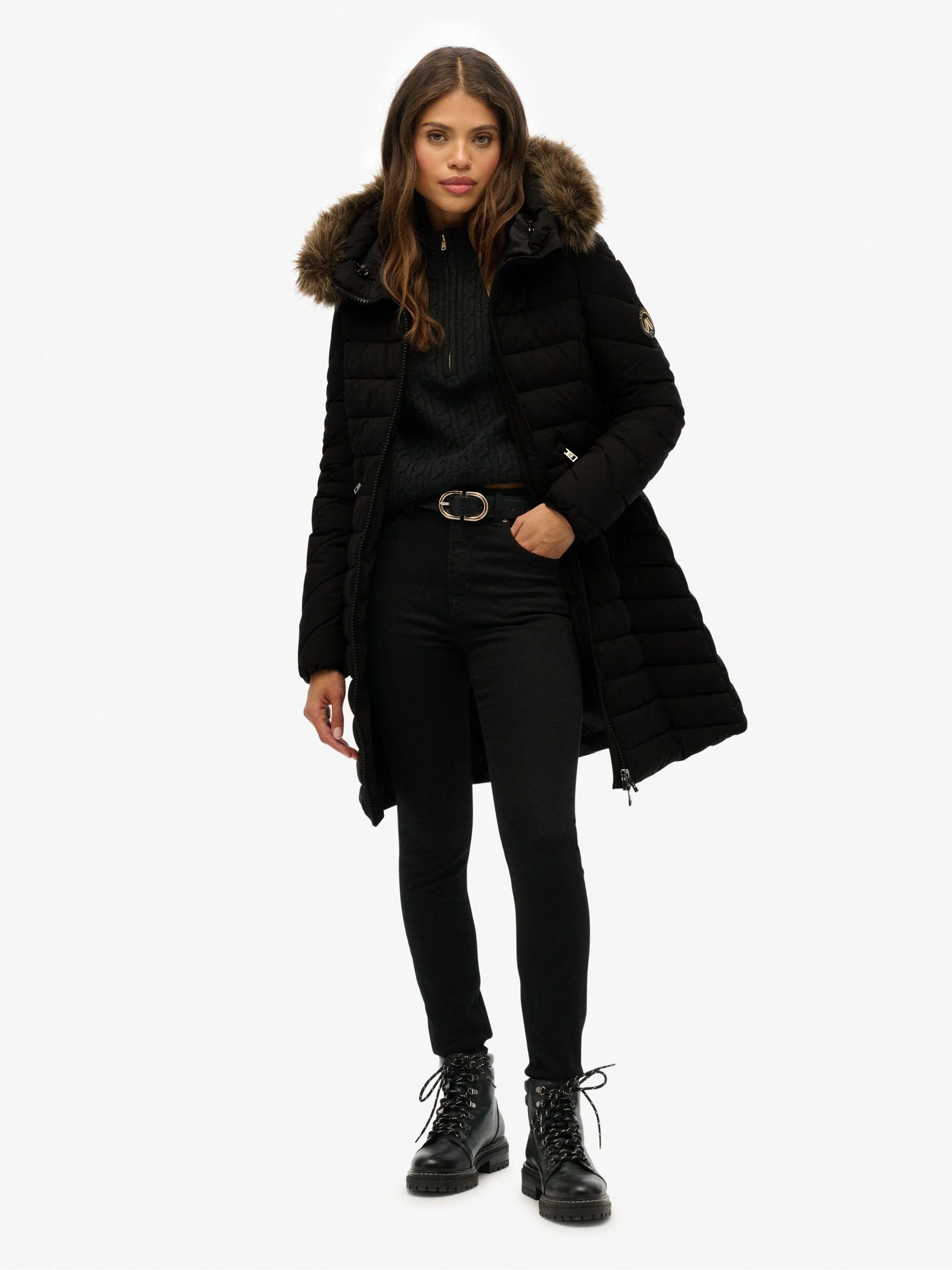 Zwart - Superdry Fuji Faux Hood Mid Length Coat