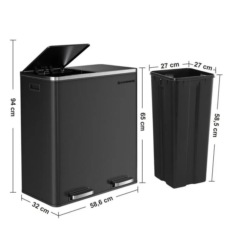Songmics Prullenbak Met 2 Compartimenten - 2 x 30 L - Met Zwart
