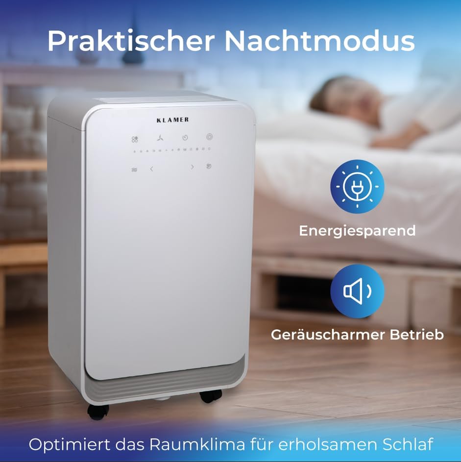 KLAMER Luftentfeuchter elektrisch 12L, 100m³ Luftumwälzung pro Stunde, 280W starker Raumentfeuchter, Entfeuchter mit bis zu 2 Liter Fassungsvermögen