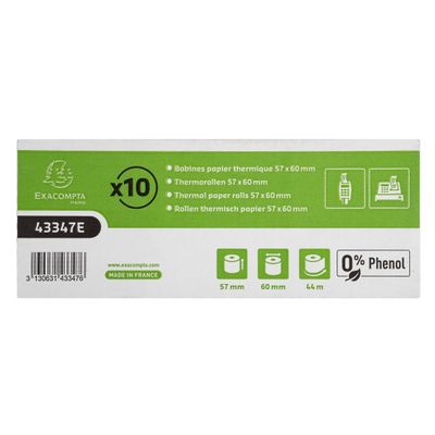 Exacompta - 10 Bobines Ticket de Caisse 57x60mm - 44m - Thermique 55g/m² Sans Phénol - Compatible CB & Imprimantes