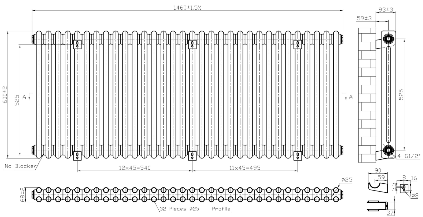Eastbrook Imperia 2 koloms radiator 145x60cm 2046W wit glans