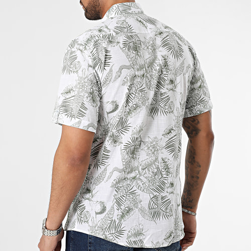 Chemise Manches Courtes Floral Blanc Vert Kaki