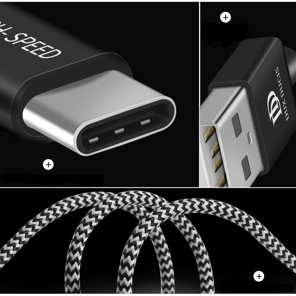 (1m) 2.1A USB auf USB C Ladekabel Datenkabel Nylon - Schwarz / Weiss