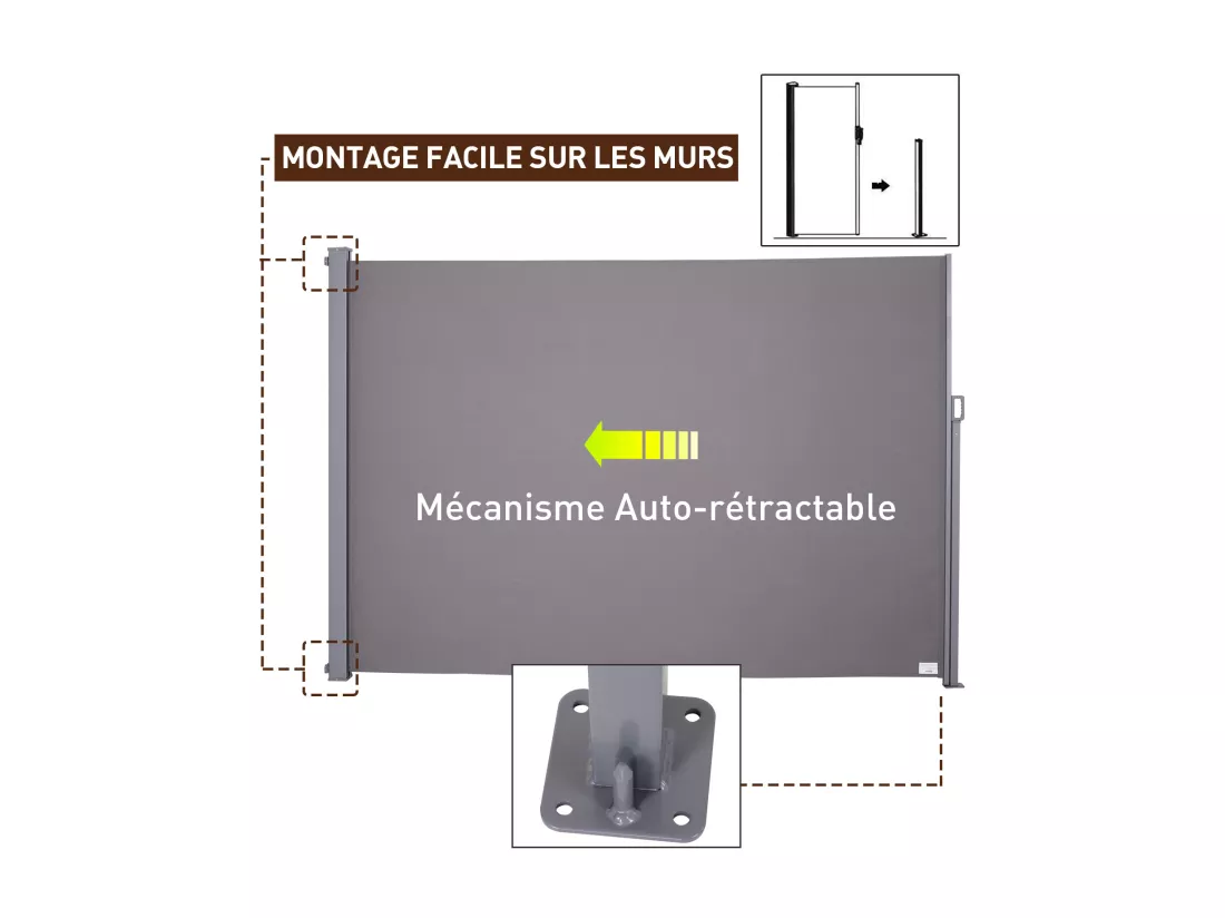 Store latéral brise-vue paravent rétractable dim. 3L x 2H m alu. polyester anti-UV haute densité 280 g/m² gris