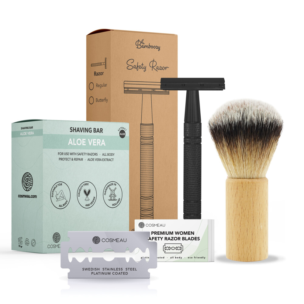 Bamboozy Safety Razor Aluminium Starterkit + Scheerkwast + Scheerzeep Mat Zwart1 set