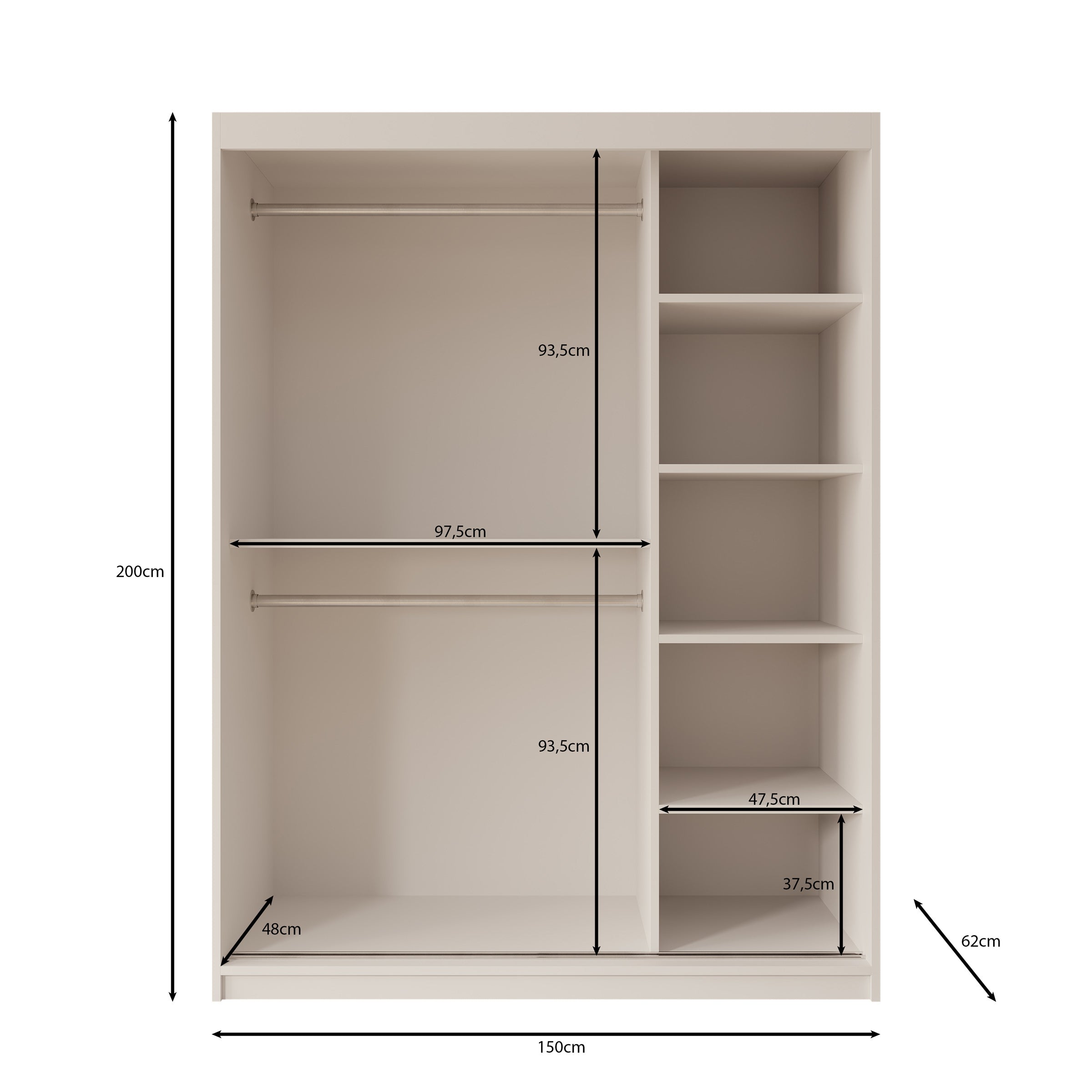 Bodhi - Kledingkast met schuifdeuren - Wit - 150x62x200 cm