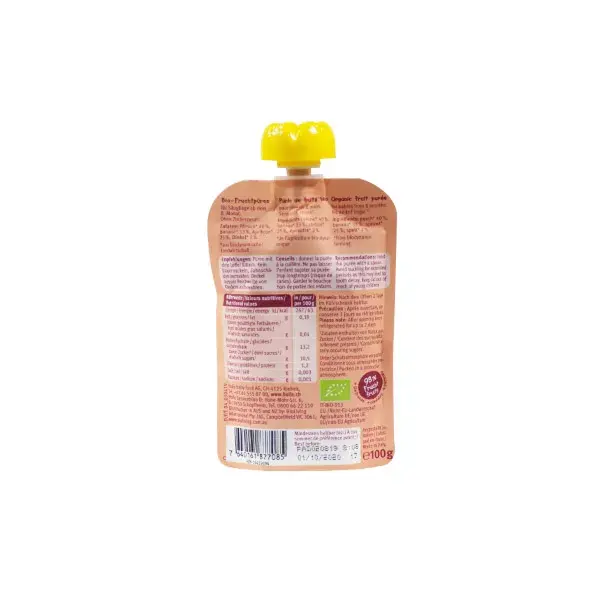 Garrafa de água Holle Pouchy, sabor pêssego, damasco e banana, feita com espelta +8m 100g