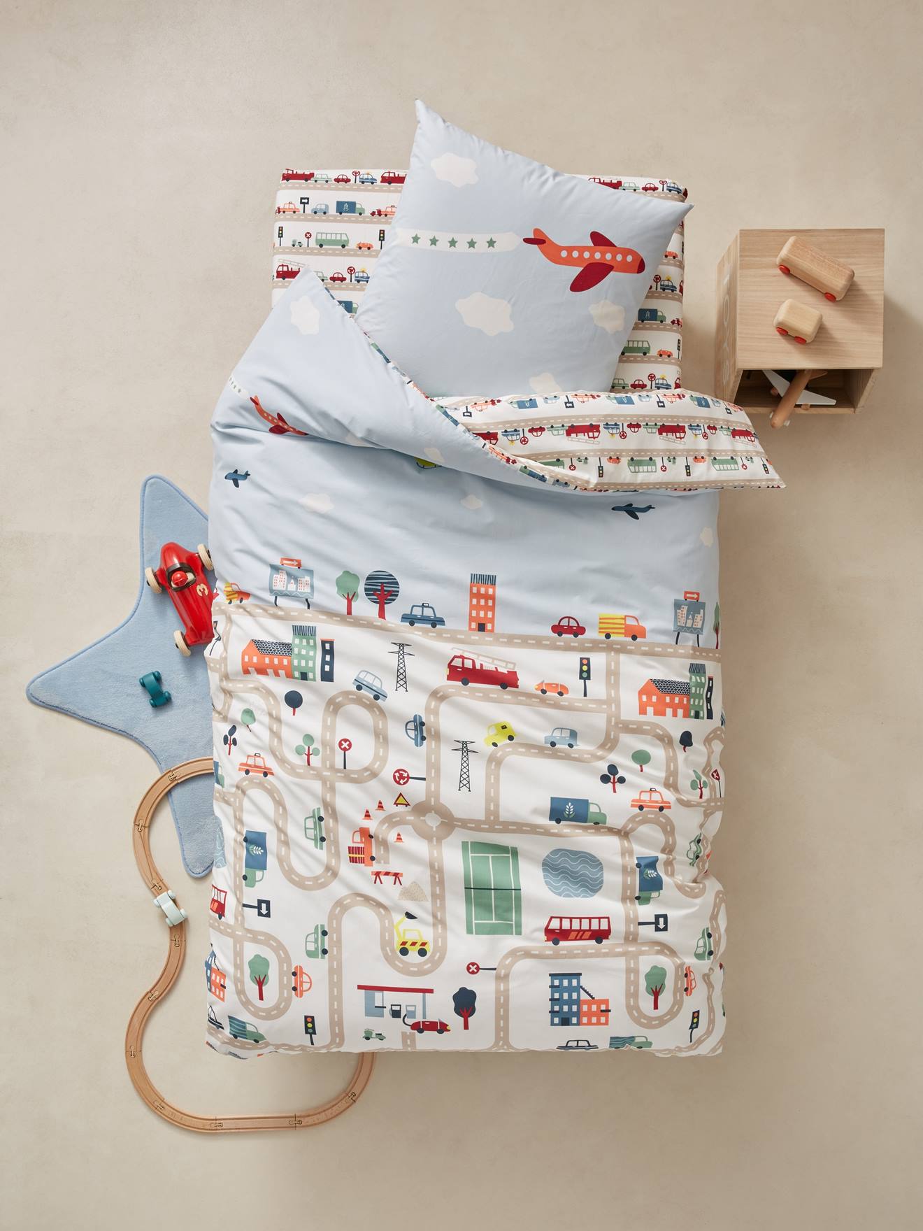 Lençol de elástico infantil estampado bege AUTO-CITY