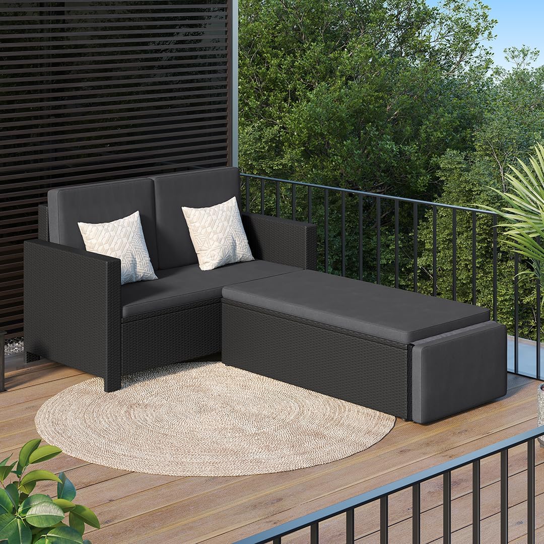 STEELSØN Gartenbank Elnath 2in1 Polyrattan, Gartensofa für 2 Personen mit Liegefunktion, Balkonmöbel mit Hocker 2er Sofa mit Polster wetterfest, Terrassenmöbel in schwarz/anthrazit 73x65x130 cm HxTxB