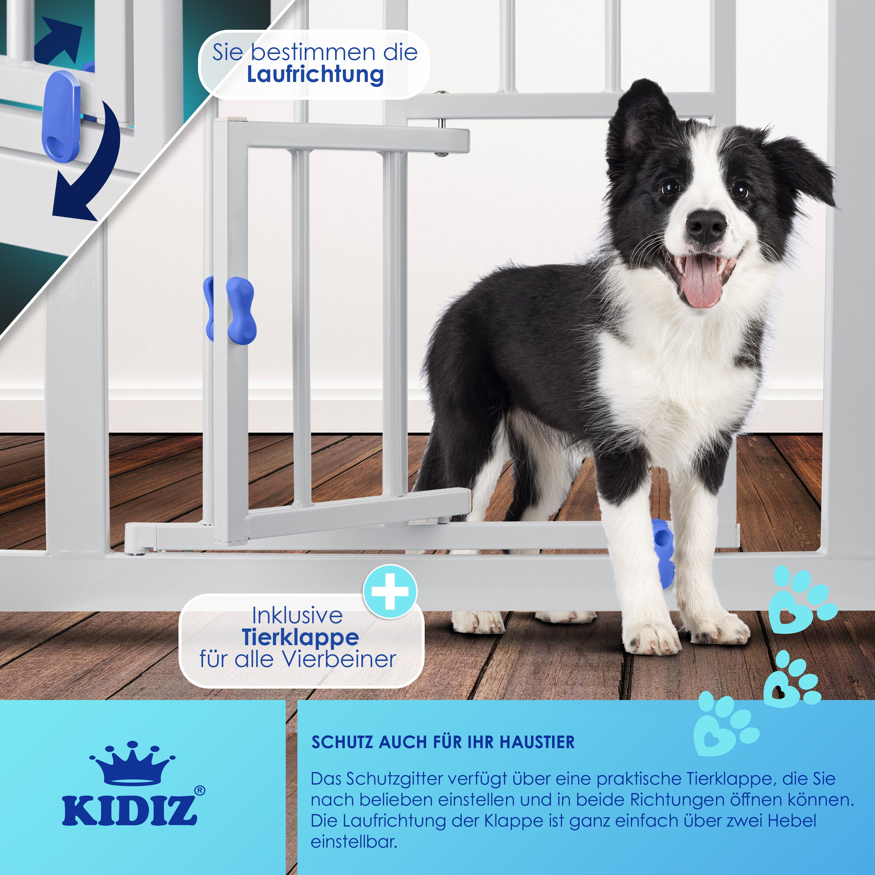 KIDIZ® Türschutzgitter Absperrgitter Treppengitter Kindergitter | mit Türe für Hunde und Katzen , Haustier | ohne Bohren | erweiterbar | kombinierbar mit Y-Spindeln | schwenkbar