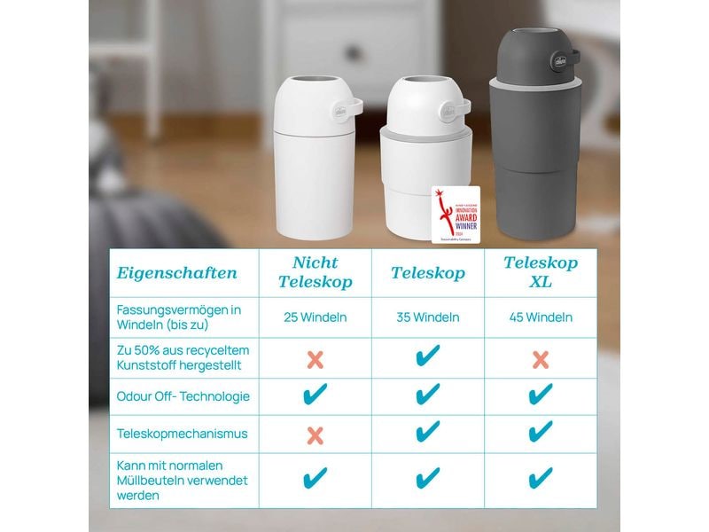 Chicco Windeleimer Odour Off XL Stone 45 l Steingrau Teleskop Windeleimer inkl. 1 Pack Müllbeutel