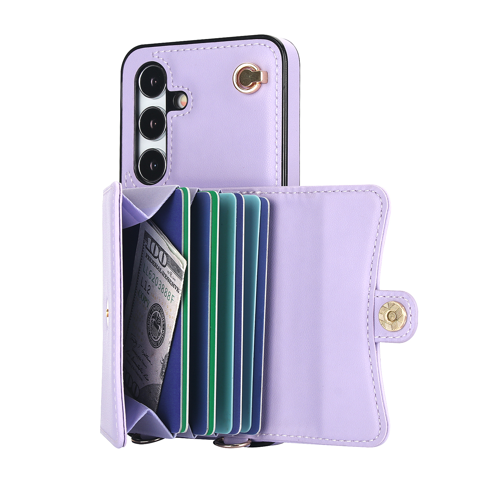 Samsung Galaxy S24 Necklace Leder Schutz Hülle mit Kartenfach   Handykette (140cm) - Lila