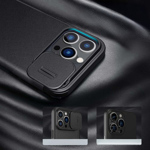 iPhone 14 Pro Leder Tasche Cam-Slider Kameraschutz - Schwarz