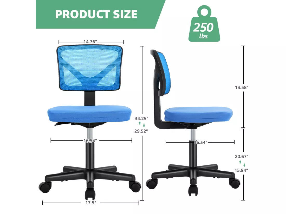 Chaise de bureau,Chaise d'ordinateur pivotante avec support lombaire,sans accoudoir,maille à dossier bas,bleu