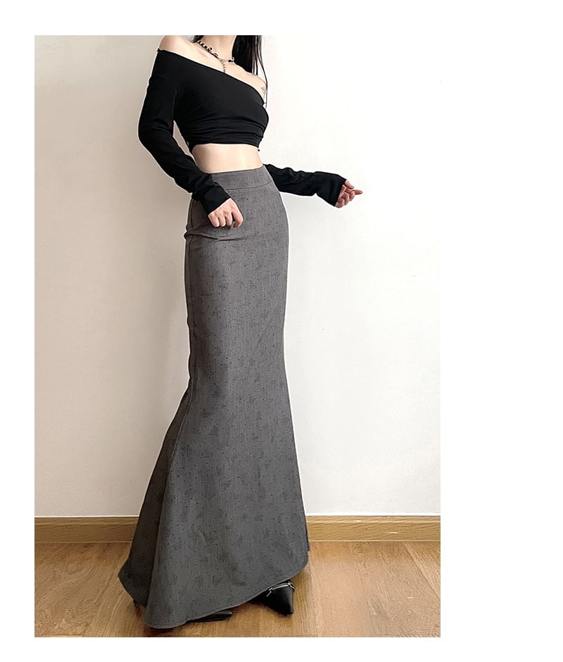GAGAO - Maxi-rok met hoge taille en vlinderprint en strassaccenten
