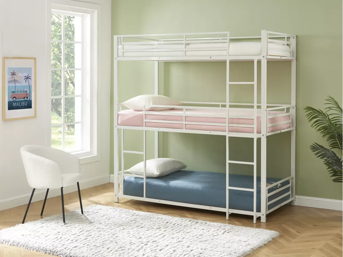 Lits superposés triple 3 x 90 x 190 cm - Métal - Blanc + Matelas - ELOUAN III