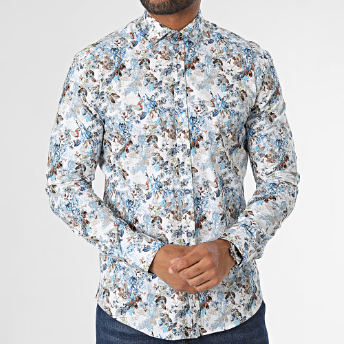 Chemise Manches Longues Blanc Bleu Clair Floral