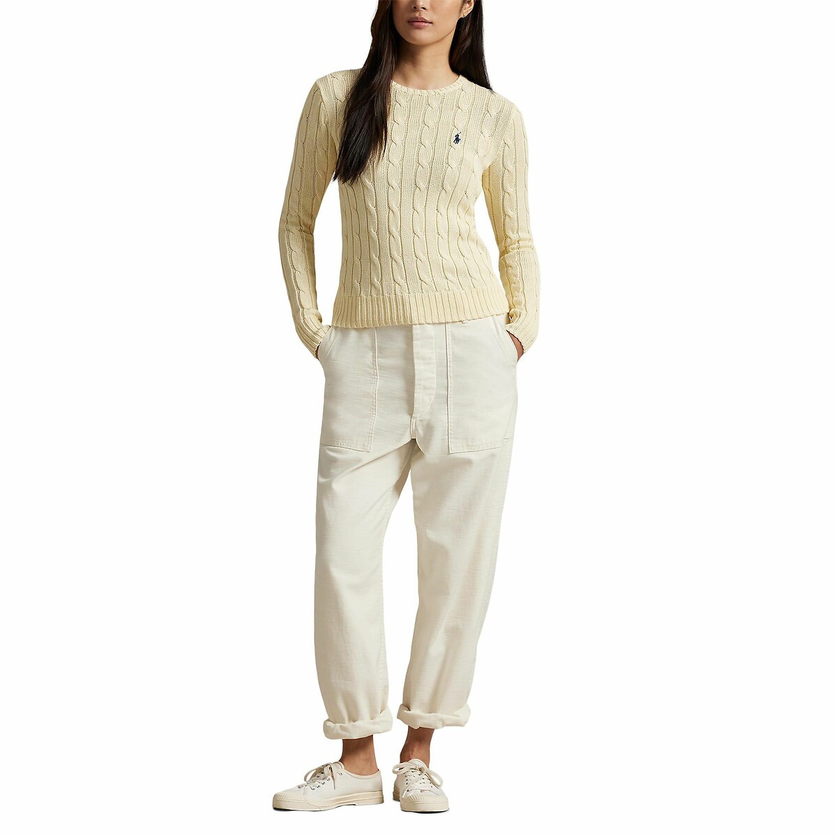 POLO RALPH LAUREN<br>Suéter de malha trançada de algodão com gola redonda