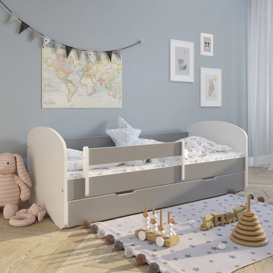 Kids Collective Kinderbett 70x140 mit Matratze, Rausfallschutz & Lattenrost grau mit Schublade