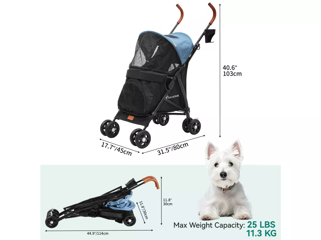 YITAHOME Poussette pour Chien Chat - Caisse de Transport Pliable avec 4 Roues - 11.3 kg Poussette avec fenêtres - Bleu