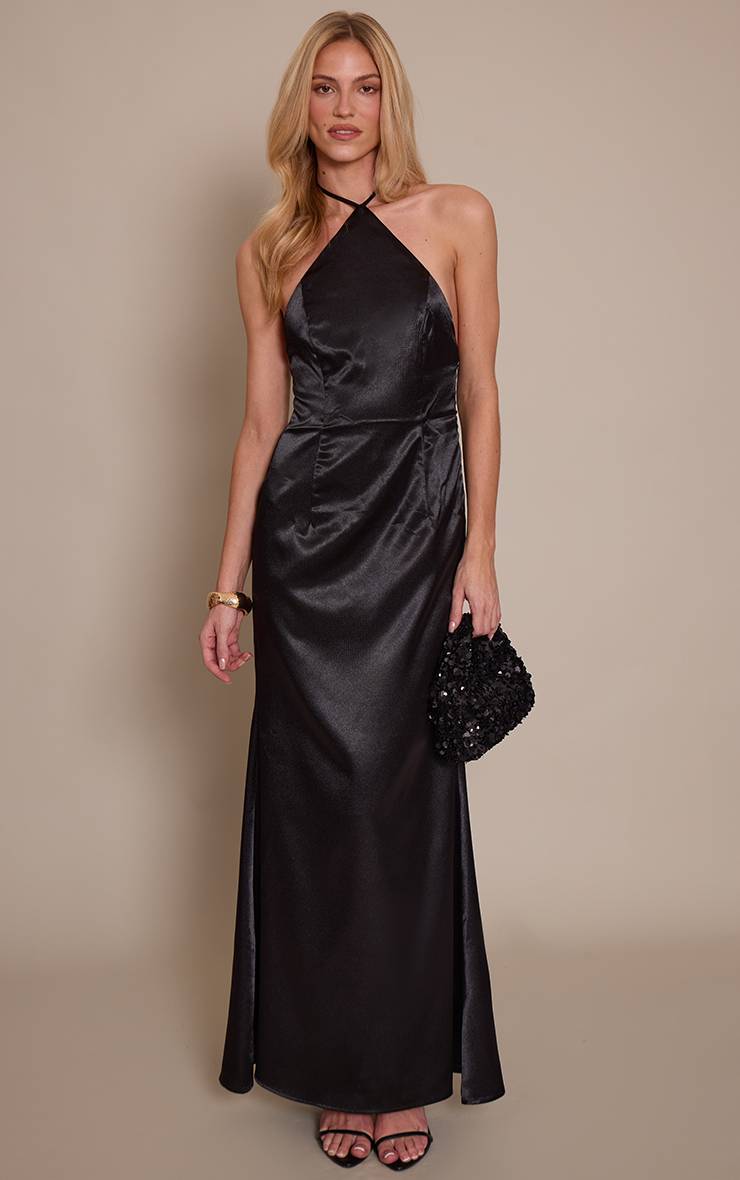 Noir Robe Longue Satinée Dos Nu Avec Col Licou Et Lien À Nouer