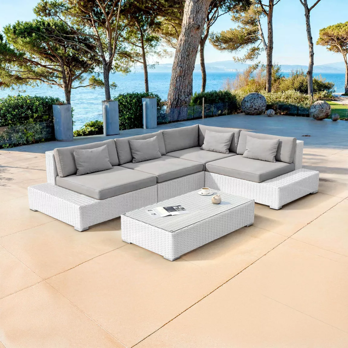 Salon de jardin d'angle en résine tressée 5 places Palma Blanc et gris