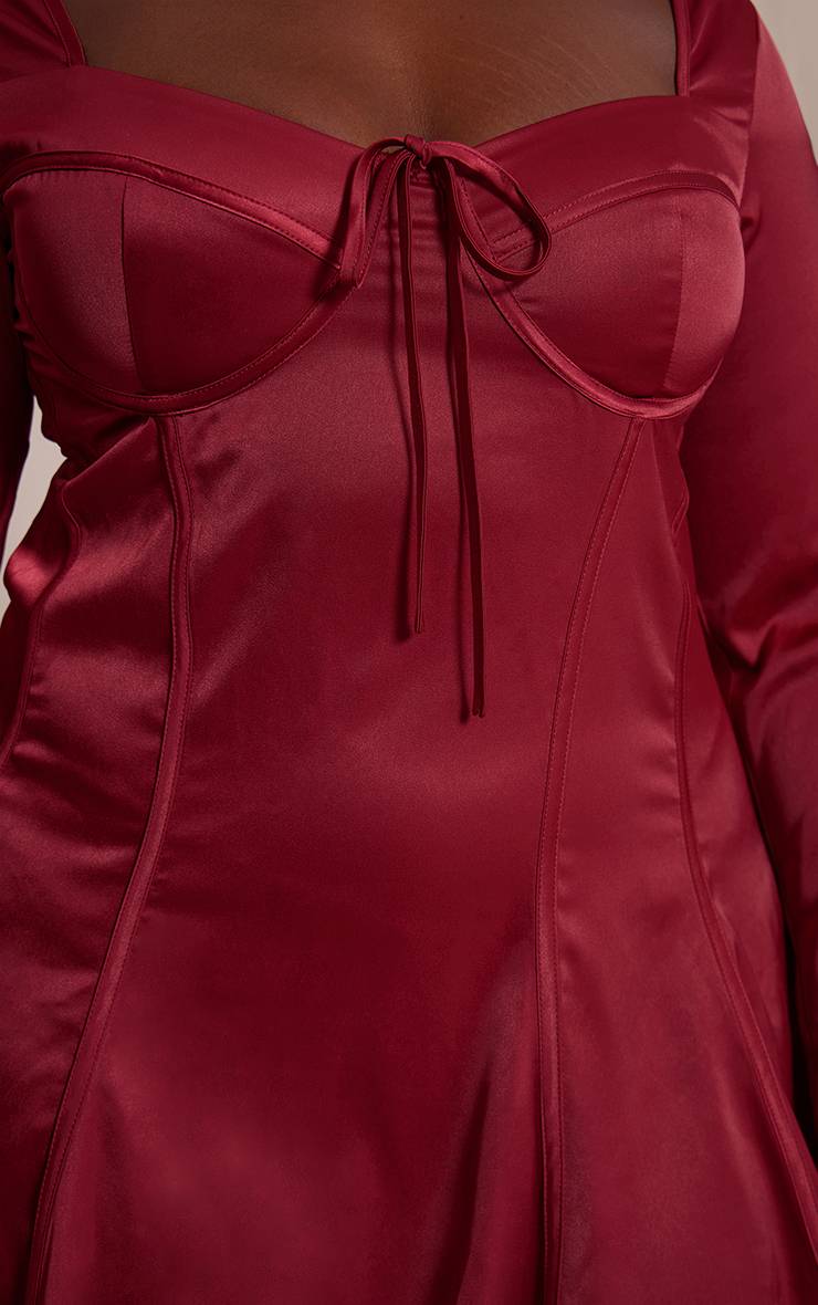 Rouge Bordeaux Robe Courte Grande Taille En Satin À Manches Longues